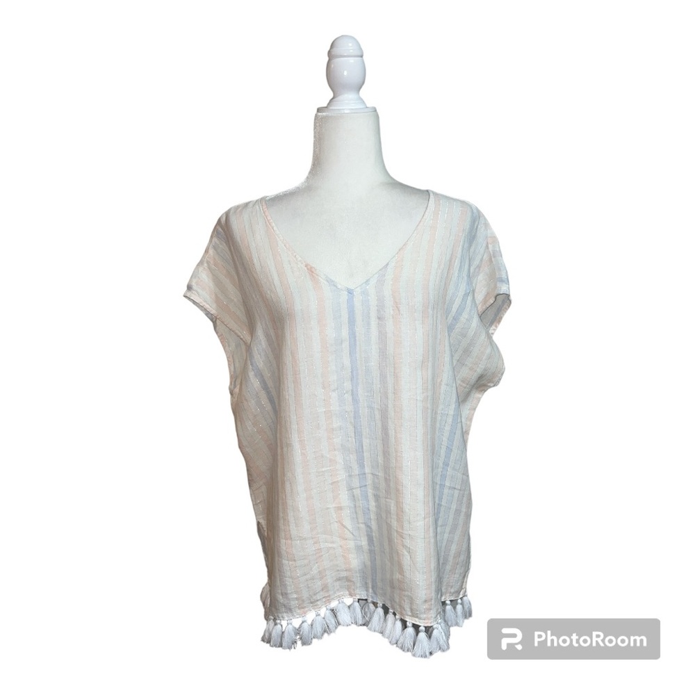 St. Tropez West Pastel Stripe Tassel Hem Top Coverup Sz L